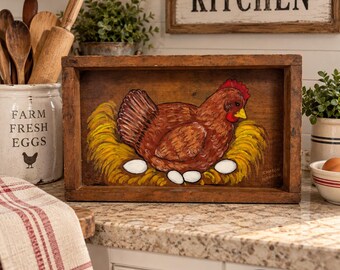 Vintage Handmade Hen Folk Art Wooden Picture Primitive Farmhouse Decor