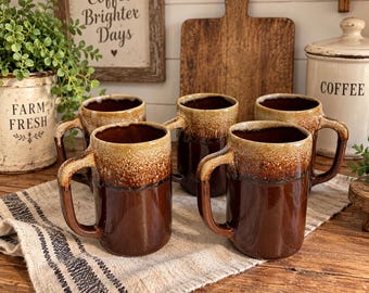 Vintage McCoy Pottery Brown Drip Tall Mugs Set of 5 | 1970s Stoneware Coffee Mugs