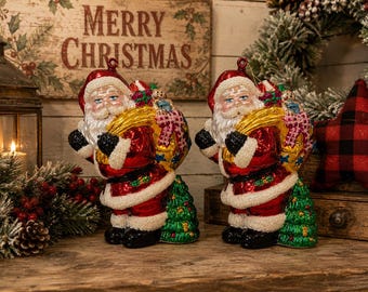 Set Of 2  Vintage Santa Christmas Large Ornaments, Large Santa with Toy Sack, Made in China, Vintage Holiday Decor