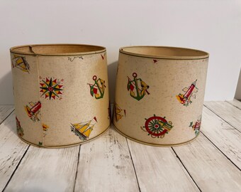 Vintage Mid-Century Nautical  Lamp Shades Set Of 2 Coastal Decor