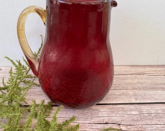 Vintage Hand Blown Ruby Red Crackle Glass Creamer Pitcher
