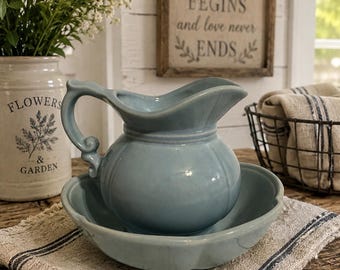 Vintage McCoy Pottery Pitcher & Wash Basin Set 7528 USA Blue Ceramic Wash Bowl Farmhouse Cottagecore Decor