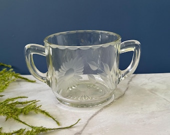 Vintage Double Handled Floral Etched Glass Sugar Bowl