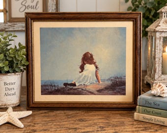 Vintage Girl by Ocean Print, Framed Coastal Art, Mid-Century Beach Decor