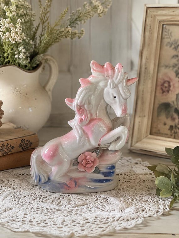 Vintage Ceramic Unicorn Figurine Iridescent Pink & White Fantasy Horse Mystical Decor