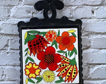 Vintage 1970s Trivet Ceramic Tile Cast Iron Hot Pad Wall Hanging