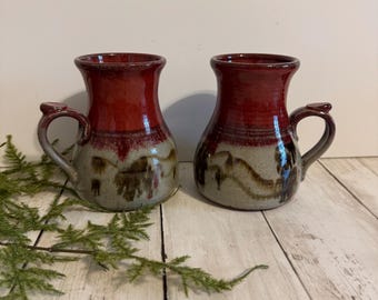 Vintage Studio Pottery Mugs Set Of 2 Rustic Stoneware Red Brown Glaze