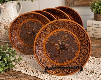 Set of 5 Embossed Floral Plastic Wall Decor Plates, Amber Brown Boho Farmhouse Decor