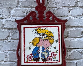 Vintage 1970s Trivet Ceramic Tile Cast Iron Hot Pad Wall Hanging