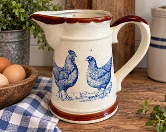 Vintage Stoneware Rooster & Hen Blue Transferware Farmhouse Decor