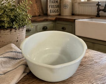 Vintage Fire-King White Milk Glass Mixing Bowl with Pour Spout Mid Century Kitchenware, Farmhouse Decor