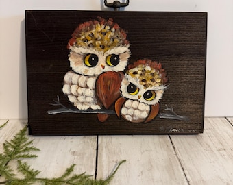 Vintage Hand Painted Wooden Wall Owl Plaque-Primitive Folk Art Decor