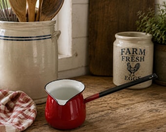 Vintage Turkish Coffee Scoop, Red Enamelware Ladle, Mid Century Kitchen Scoop, Farmhouse Kitchen Decor, Primitive Kitchen Tool
