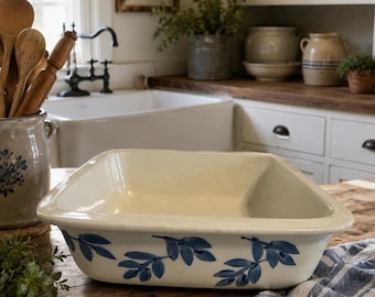 Vintage Tabletops Unlimited Blue Leaf Casserole Dish | 1990s Stoneware Baking Dish | Farmhouse Country Kitchen Decor