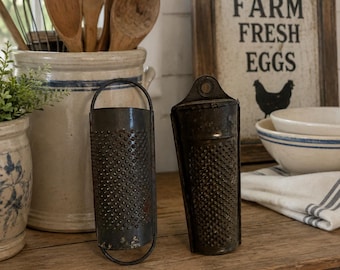 Antique Nutmeg Graters, Vintage Spice Grater Pair, Primitive Punched Tin Kitchen Utensils, Farmhouse Kitchen Decor