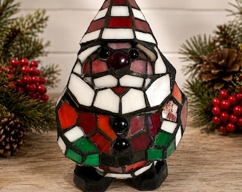 Vintage Tiffany Style Christmas Santa Table Lamp Multicolor Stained Glass Made In China Original Box
