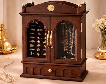 Elegant Wooden Jewelry Box with Glass Doors, Vintage Style Organizer Cabinet with Drawer for Rings Earrings Necklaces Bracelets