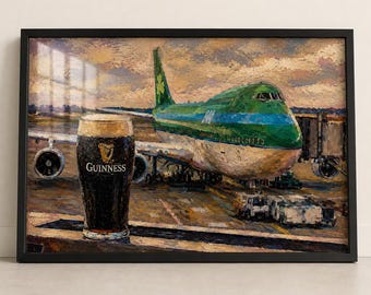 One for the Road – Irish Aviation Poster, Aer Lingus 747 and Guinness Painting, Irish Emigration Art