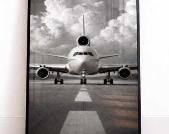 MD-11 Runway Print, Black White Aviation Wall Art, Minimalist Plane Photography (Digital Download)