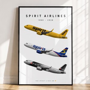May include: A framed poster featuring three Spirit Airlines airplanes in flight. The top plane is yellow, the middle is white with blue and red accents, and the bottom is silver. Text reads SPIRIT AIRLINES 1980-2026 and THE SPIRIT LIVES ON.