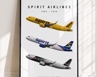 Spirit Airlines Poster (1980–2026) Airbus A320 Family Aviation Print Digital Download Printable Wall Art Pilot Gift Memorial Tribute