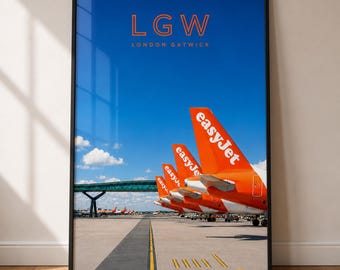 London Gatwick easyJet Poster | LGW Airport Print | Aviation Wall Art | Pilot Gift | Airbus A320 Decor | Digital Download