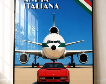 Anima Italiana Poster | Italian Aviation & Ferrari Wall Art | Retro Travel Print | Aviation Decor DC10 MD11 Alitalia