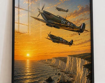 Spitfire Print, WWII RAF Fighter Plane, White Cliffs Sunset Aviation Art (Poster)