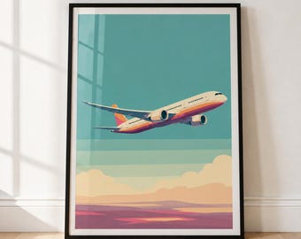 Boeing 787 Retro Travel Poster, Mid-Century Aviation Art Print