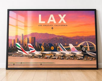 LAX Sunset Airport Poster  Los Angeles Aviation Wall Art  Plane Tail Lineup Print – Luxury Travel Poster – Pilot Gift – Modern Airport Decor
