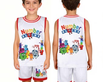 Uniforme de baloncesto infantil Numberblocks estilo oficial: conjunto de camiseta y pantalón corto de malla transpirable, ropa de entrenamiento personalizable "Numberfun".