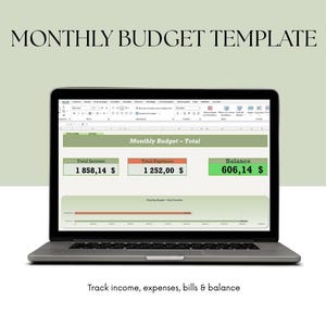 May include: A laptop displaying a monthly budget template with income, expenses, and balance figures. The screen shows a spreadsheet with green, orange, and white sections. Text at the top reads "MONTHLY BUDGET TEMPLATE" and "Track income, expenses, bills & balance" at the bottom.