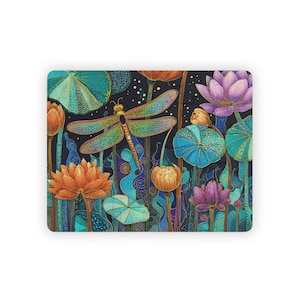 May include: A rectangular puzzle featuring a vibrant illustration of a dragonfly and lotus flowers. The dragonfly has iridescent wings, and the flowers are in shades of orange, purple, and teal. The background is dark blue with small white dots.