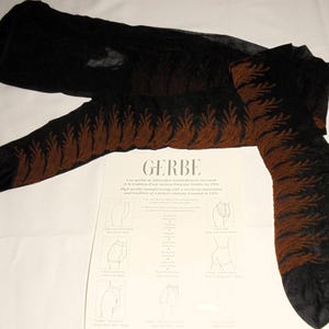 Peut inclure: Une paire de bas noirs transparents avec un motif de plumes marron sur le côté. Les bas sont présentés avec une carte informative de la marque Gerbe, incluant des schémas et du texte concernant la fabrication du produit.
