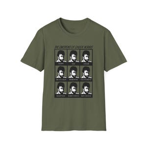 Puede incluir: Camiseta verde oliva con un gráfico que representa el rostro de Chuck Norris expresando varias emociones. El texto "THE EMOTIONS OF CHUCK NORRIS" está encima de la imagen. Debajo, las palabras: Happy, Sad, Anger, Frustration, Boredom, Excitement, Sleepiness, Flirtatious e Impatience.