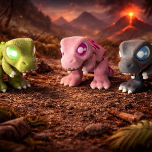May include: Three toy dinosaur figures in green, pink, and gray, with large eyes and articulated limbs, stand on a forest floor. The background features a volcanic landscape with a fiery eruption and a dark, forested area.