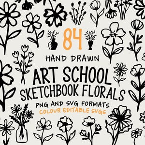 Könnte beinhalten: Eine Sammlung von 84 handgezeichneten schwarzen Blumenillustrationen auf hellem Hintergrund. Der Text lautet 84 HAND DRAWN ART SCHOOL SKETCHBOOK FLORALS PNG AND SVG FORMATS COLOUR EDITABLE SVGS. Die Designs umfassen verschiedene Blumen und Stängel.