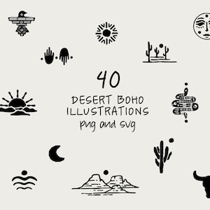 May include: A collection of 40 black desert boho illustrations in png and svg formats. The illustrations include a sun, moon, cacti, hands, a snake, a bull skull, and other desert-themed designs on a cream background.
