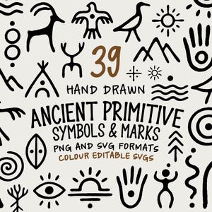 May include: A collection of 39 hand-drawn black symbols and marks on a light background. The text reads 39 HAND DRAWN ANCIENT PRIMITIVE SYMBOLS & MARKS PNG AND SVG FORMATS COLOUR EDITABLE SVGS. The icons include animals, suns, hands, and shapes.
