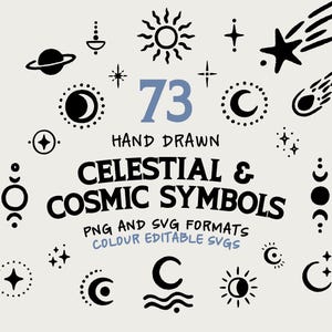 May include: A collection of 73 hand-drawn celestial and cosmic symbols in black ink on a light background. The graphic includes various moons, stars, suns, planets, and comets, with text reading 73 HAND DRAWN CELESTIAL & COSMIC SYMBOLS PNG AND SVG FORMATS.