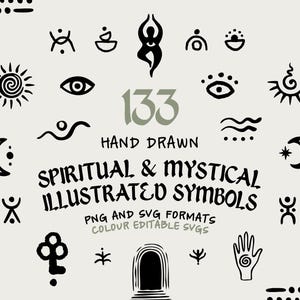 Puede incluir: Una colección de 133 símbolos espirituales y místicos dibujados a mano en negro sobre un fondo claro. El texto dice 133 HAND DRAWN SPIRITUAL & MYSTICAL ILLUSTRATED SYMBOLS PNG AND SVG FORMATS COLOUR EDITABLE SVGS, con iconos como ojos, lunas y soles.