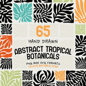 May include: A digital collection of 65 hand drawn abstract tropical botanicals in black, orange, teal, and light green. The text reads 65 HAND DRAWN ABSTRACT TROPICAL BOTANICALS PNG AND SVG FORMATS COLOUR EDITABLE SVGS on a light background.