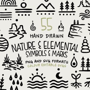 Puede incluir: Una colección de 55 símbolos y marcas de naturaleza y elementos dibujados a mano en negro sobre un fondo claro. El texto dice 55 HAND DRAWN NATURE & ELEMENTAL SYMBOLS & MARKS PNG AND SVG FORMATS COLOUR EDITABLE SVGS. Incluye árboles, agua, sol, luna.