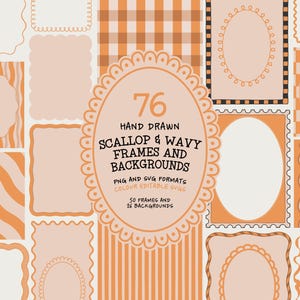 Puede incluir: Una colección de 76 marcos y fondos dibujados a mano con bordes ondulados y festoneados en tonos naranja y crema. El marco ovalado central contiene el texto 76 HAND DRAWN SCALLOP & WAVY FRAMES AND BACKGROUNDS PNG AND SVG FORMATS.
