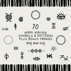 May include: A collection of 70 black hand-drawn mark making symbols, patterns, and frames on a light beige background. The central text reads 70 MARK MAKING SYMBOLS & PATTERNS PLUS BONUS FRAMES png and svg. The design features a thick black border.