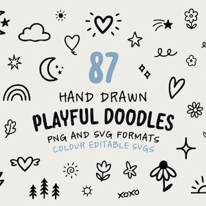May include: A collection of 87 black hand-drawn doodles featuring hearts, stars, moons, flowers, suns, clouds, rainbows, and trees. The text reads 87 HAND DRAWN PLAYFUL DOODLES PNG AND SVG FORMATS COLOUR EDITABLE SVGS on a light background.