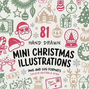 以下が含まれることがあります： 赤、緑、ベージュで描かれた81個の手描きミニクリスマスイラスト集。テキストには「81 HAND DRAWN MINI CHRISTMAS ILLUSTRATIONS PNG AND SVG FORMATS COLOUR EDITABLE SVGS」と書かれています。サンタ、ツリー、ギフト、雪の結晶などが含まれています。