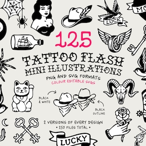 May include: A collection of 125 tattoo flash mini illustrations in black and white. The graphic set includes icons like a spider, an eight ball, a ship in a bottle, a cat, keys, roses, cowboy boots, hats, and skulls. Text reads 125 TATTOO FLASH MINI ILLUSTRATIONS.