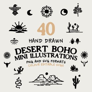 Könnte beinhalten: Eine Sammlung von 40 handgezeichneten schwarzen Illustrationen zum Thema Wüste, darunter Kakteen, Sonnen, Monde, Schlangen, Schädel und Landschaften. Der Text lautet 40 HAND DRAWN DESERT BOHO MINI ILLUSTRATIONS PNG AND SVG FORMATS COLOUR EDITABLE SVGS.