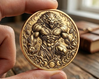 Winged Wolf Gold Coin, Gothic Beast Medallion, Griffin Art Token, Legendary Animal Coin, Fantasy Collectible